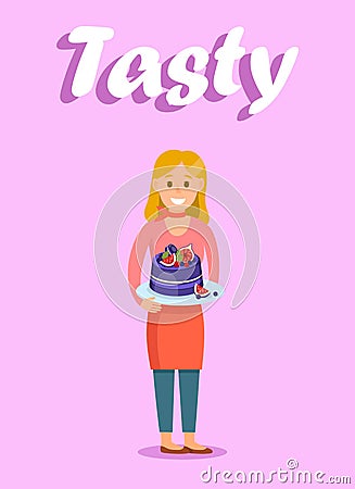 Housewife with Cake Cartoon Vector Poster Template Vector Illustration