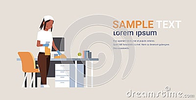Housewife cleaning computer table with duster african american woman wiping workplace desk housework concept female Vector Illustration