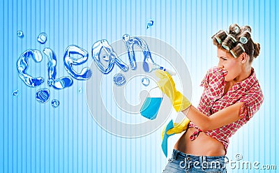Housewife cleaning with detergent Stock Photo