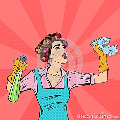 Housewife Cleaning the House with Spray and Rag. Pop Art. Vector Vector Illustration