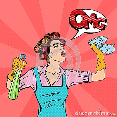 Housewife Cleaning the House with Spray and Rag. Pop Art. Vector Vector Illustration