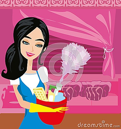 Housewife cleaning Vector Illustration