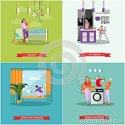 Housewife concept vector posters. Housekeeper woman taking care baby, cleaning, cooking and washing. Vector Illustration