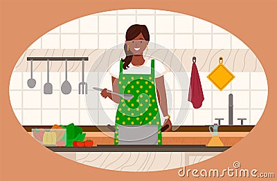 Housewife Cooking Vegetables in Kitchen Vector Vector Illustration