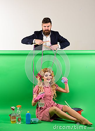 Housewife. Creative idea. Love. vintage fashion women puppet and man. retro girls and master at party. Crazy girls and Stock Photo