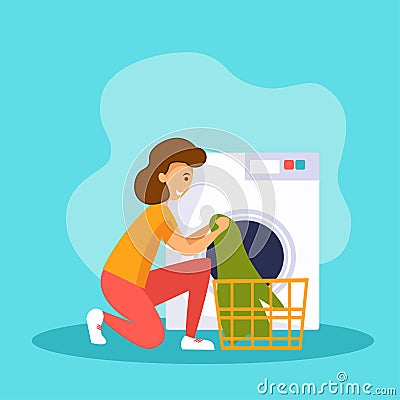 Housewife doing laundry. Woman puts clothes into washing maching from basket. Daily routine concept. Vector Illustration
