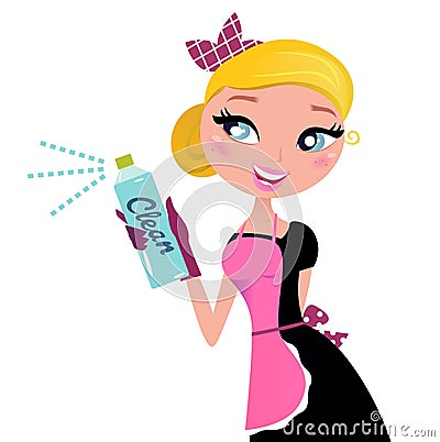 Housewife french retro Maid with cleaning spray. Vector Illustration