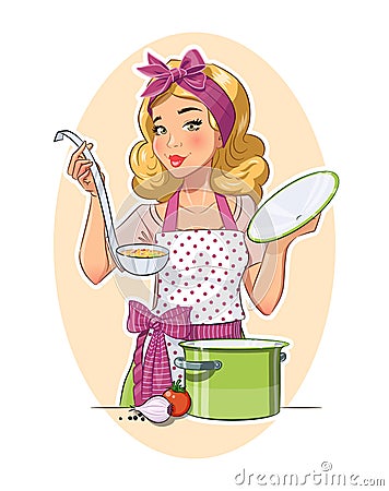 Housewife girl cooking food Cartoon Illustration