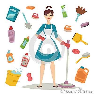 Housewife girl and home cleaning equipment icon in flat style vector illustration. Vector Illustration