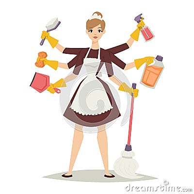 Housewife girl and home cleaning equipment icon in flat style vector illustration. Vector Illustration