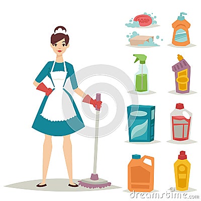 Housewife girl homemaker cleaning pretty girl wash cleanser chemical housework product equipment vector. Vector Illustration