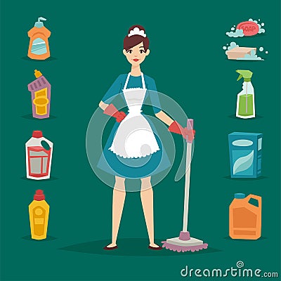 Housewife girl homemaker cleaning pretty girl wash cleanser chemical housework product equipment vector. Vector Illustration