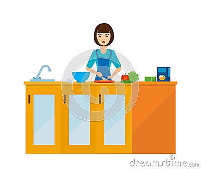 Housewife girl in the kitchen at the table, preparing food. Vector Illustration