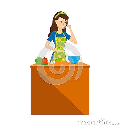 Housewife girl in kitchen tries food, at table with food. Vector Illustration