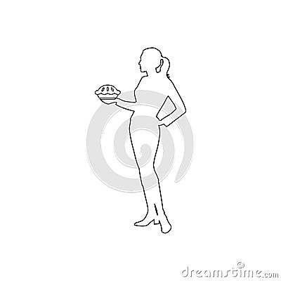 Housewife holding sweet baked pie line icon. Happy housewife Stock Photo