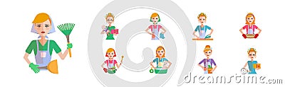 Housewife Icon with Woman Doing Domestic Chores Vector Set Vector Illustration