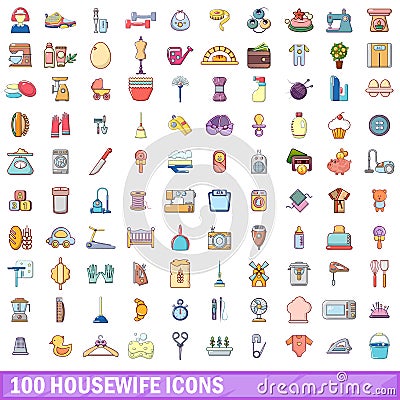 100 housewife icons set, cartoon style Vector Illustration