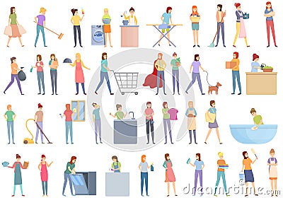 Housewife icons set, cartoon style Vector Illustration