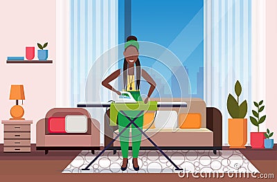 Housewife ironing clothes african american woman using iron girl doing housework concept modern living room interior Vector Illustration