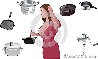 Housewife in the kitchen with housewares and tableware Vector Illustration