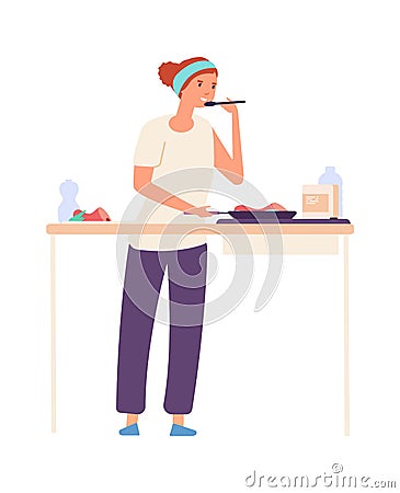 Housewife on kitchen. Woman cooking, flat girl tastes food. Isolated female chef make dinner. Happy single lady eating Vector Illustration