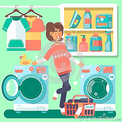 Housewife in the laundry room with washing machine basket and household chemicals flat style illustration Vector Illustration