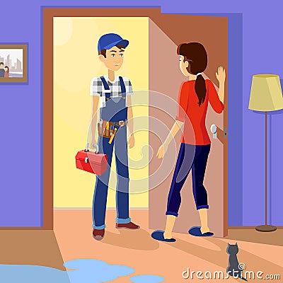 Housewife Meets Master Repairman Vector Illustration