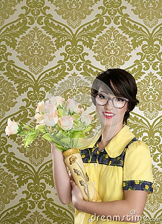 Housewife nerd retro woman ugly flowers vase Stock Photo