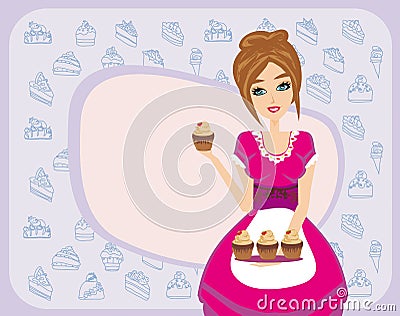 Housewife serving chocolate cupcakes Vector Illustration