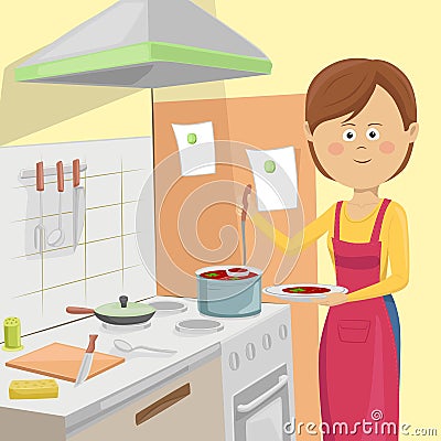 Housewife serving vegetable soup in kitchen Vector Illustration