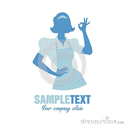 Housewife silhouette wearing kitchen apron saying OK. Vector Illustration