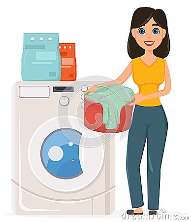 Housewife washes clothes in the washing machine. Pretty woman do Vector Illustration