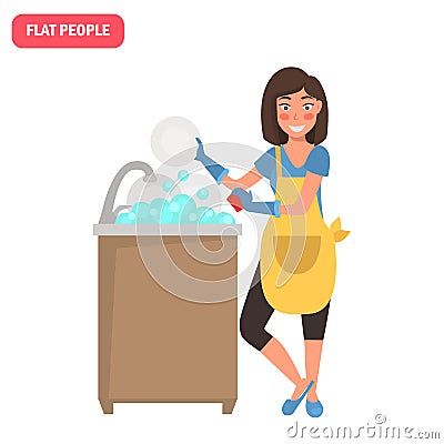 Housewife washes the plates color flat illustration Cartoon Illustration