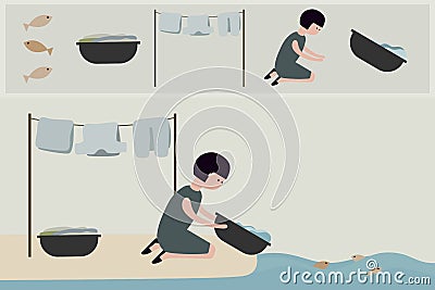 Housewife washing clothes outdoor. Vector Illustration