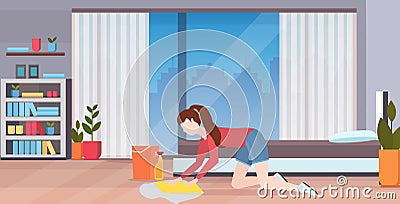 Housewife washing floor on knees woman cleaner using cloth and bucket girl doing housework cleaning service concept Vector Illustration