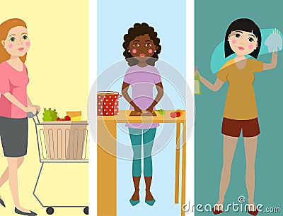 Housewifes homemaker woman banners cute cleaning cartoon girl housewifery female wife character vector illustration. Vector Illustration