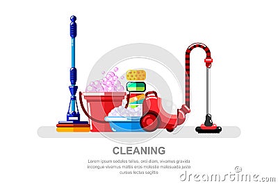 Housework and cleaning service concept. Vacuum cleaner, bucket and mop, vector isolated illustration Vector Illustration