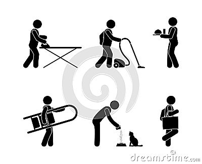 Housework icon set, stick figure pictograms, people do household chores, cleaning and caring for pets Vector Illustration