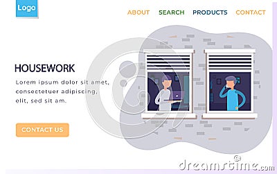 Housework landing page template with man proprietor standing holding laptop view through window Vector Illustration