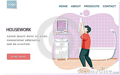 Housework landing page template with man wipes his hands with towel in bathroom. Guy washes his face Vector Illustration