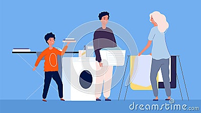 Housework. Mom with children cleaning and washing, ironing. Family is cleaning, laundry vector illustration Vector Illustration