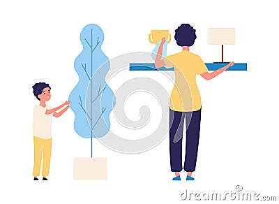 Housework together. Family cleaning, mother and son remove dust and care for plants vector illustration Vector Illustration