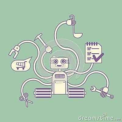 Houseworker robot with several hands Vector Illustration