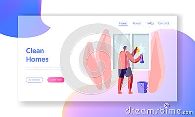 Houseworking Man Cleaning Home Wiping Window with Rag Website Landing Page, Household Male Character on Duties. Home Every Day Vector Illustration