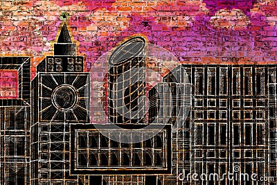 Housing concept image with painted skyline of a modern hypothetical city on a brick wall Stock Photo