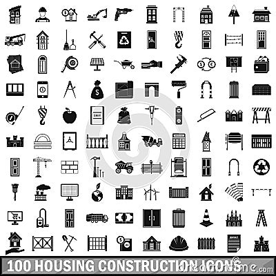 100 housing construction icons set, simple style Vector Illustration