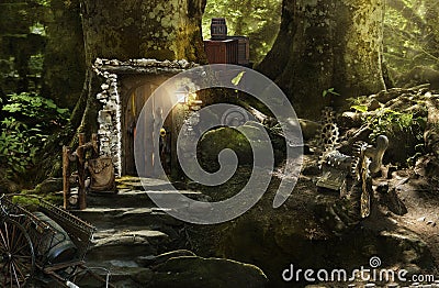 Housing dwarves and elves in a magical forest Stock Photo