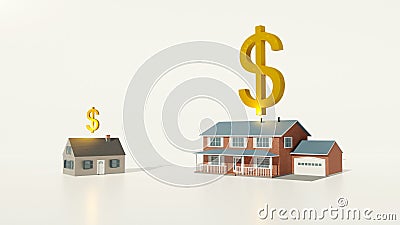 Housing investment, real estate business. Small and large suburban houses with different sized dollar signs. Digital 3D render Stock Photo