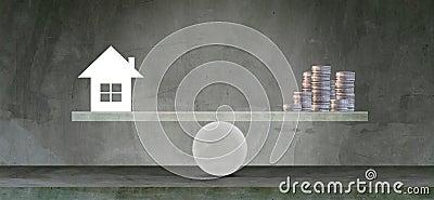 Housing loan market Sample houses and balance piggy bank on the seesaw Real estate concepts Stock Photo