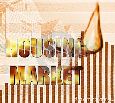 Housing Market flames text with chart and houses representing the expensive cost of homes Stock Photo